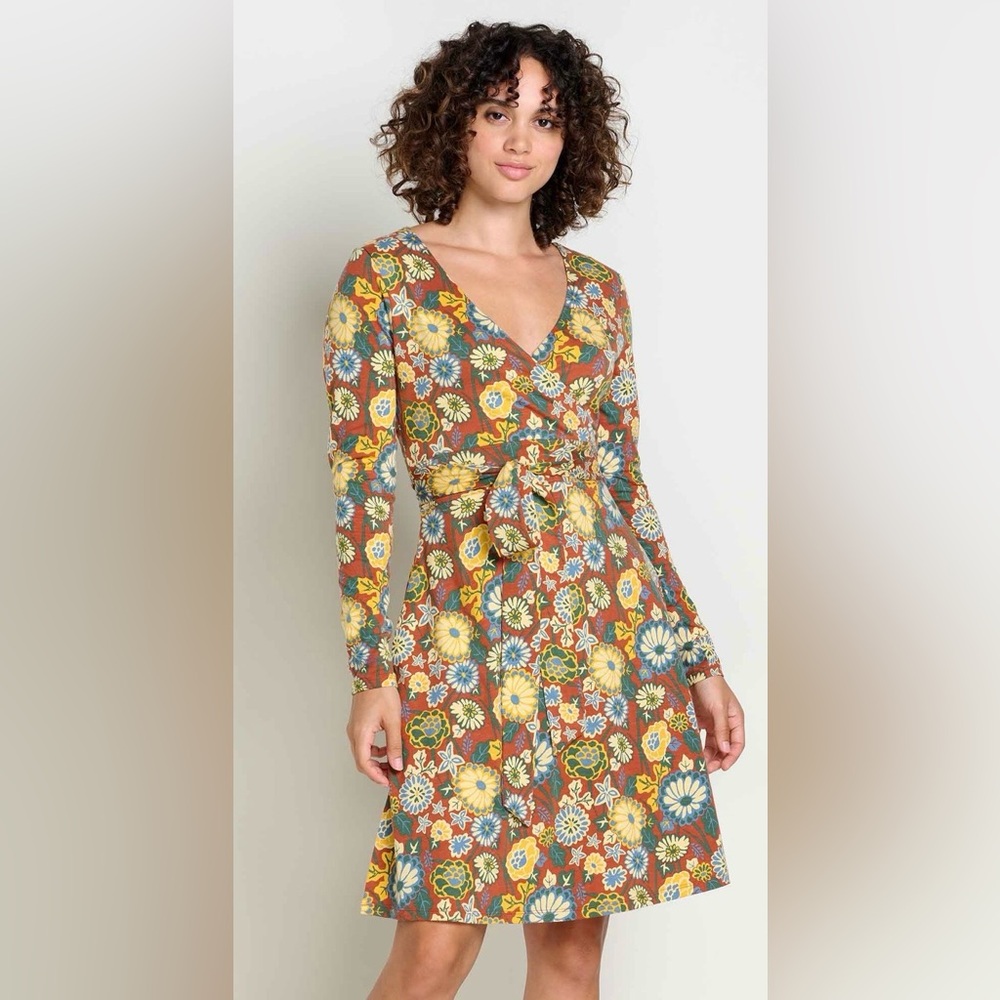 Toad&Co Cue Wrap Long Sleeve Dress 70s Orange Yellow Floral XS